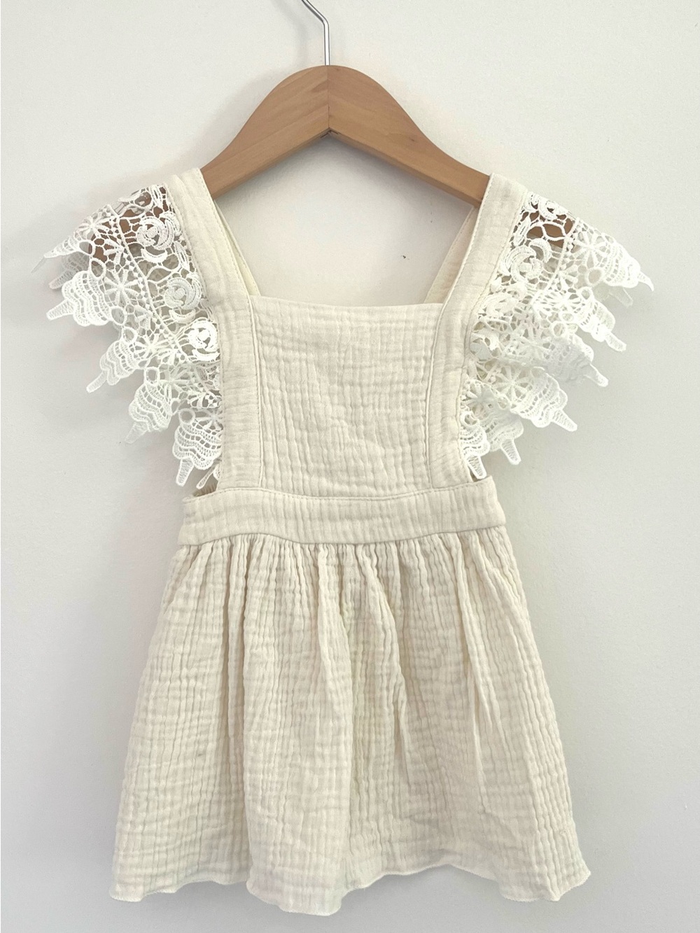 Cream Ruffled Lace-Trim Girls' Pinafore Dress